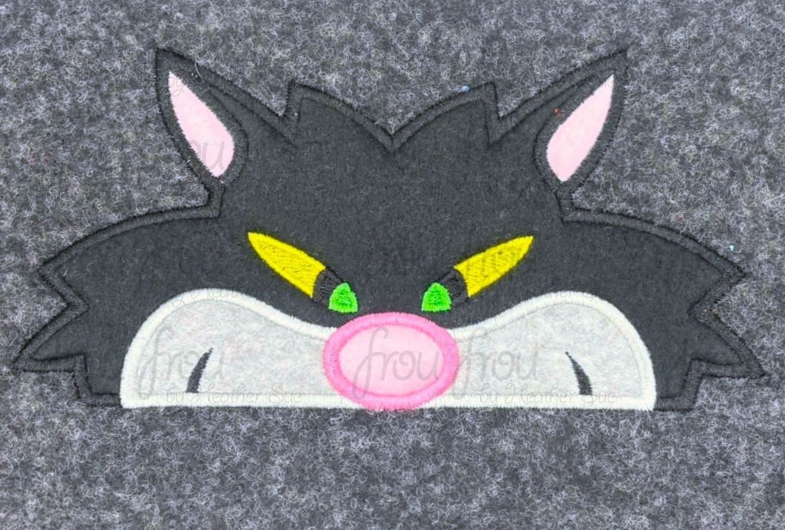 Lucifer Rusafee Cat Peeker Machine Applique and Filled Embroidery Design, Multiple Sizes, including 2"-16"