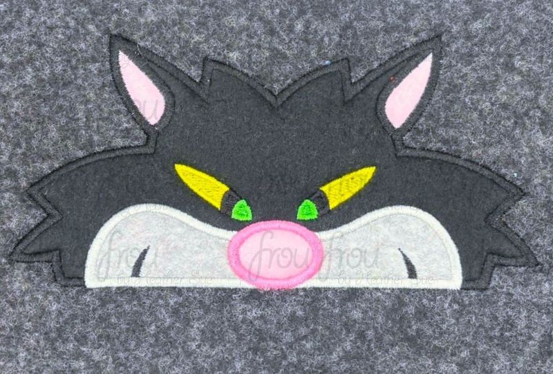 Lucifer Rusafee Cat Peeker Machine Applique and Filled Embroidery Design, Multiple Sizes, including 2"-16"