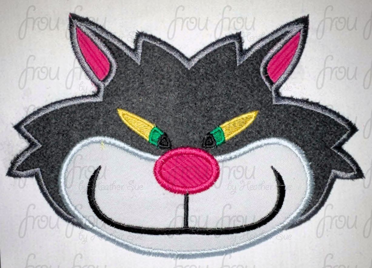 Lucifer Rusafee Cat Head Machine Applique and Filled Embroidery Design, Multiple Sizes, including 2"-16"