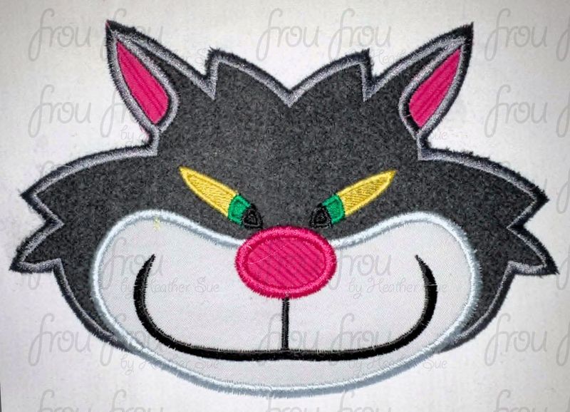 Lucifer Rusafee Cat Head Machine Applique and Filled Embroidery Design, Multiple Sizes, including 2"-16"