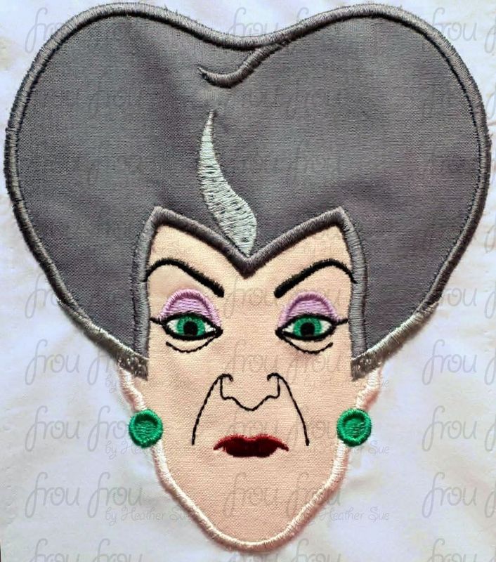 Lady Stepmother Head Machine Applique and Filled Embroidery Design, Multiple Sizes, including 2"-16"