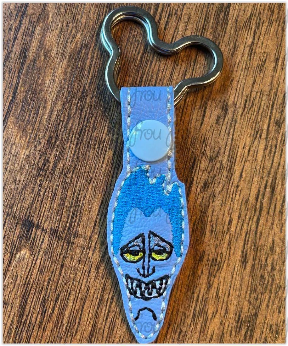 Hades Head Key Fob, short and long tab, velcro or snaps, THREE SIZES in the hoop Machine Applique Embroidery Design multiple sizes
