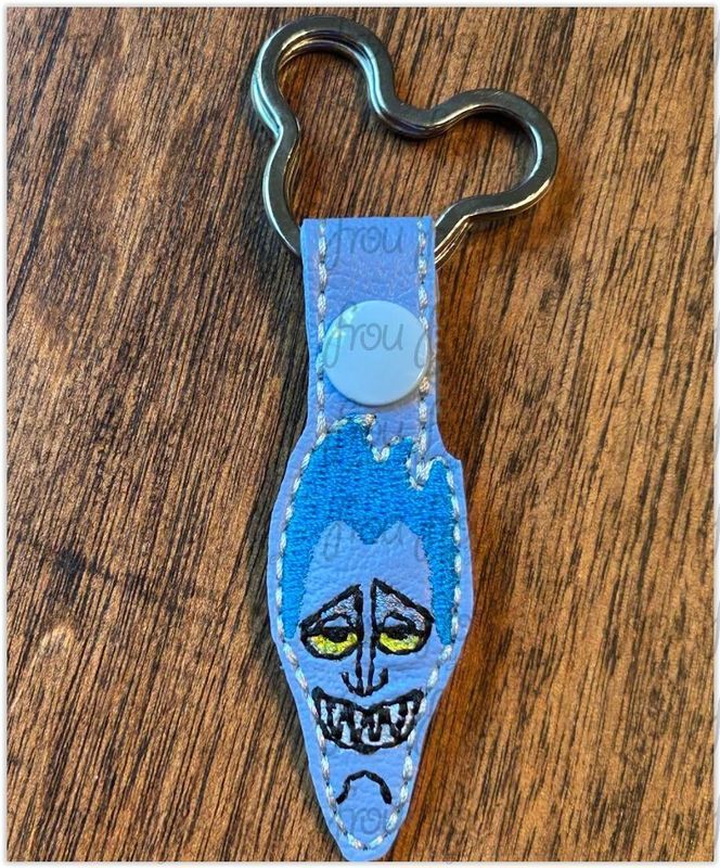 Hades Head Key Fob, short and long tab, velcro or snaps, THREE SIZES in the hoop Machine Applique Embroidery Design multiple sizes