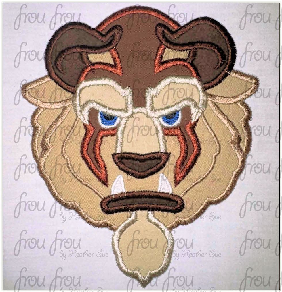 Beast Head Machine Applique and Filled Embroidery Design, Multiple Sizes, including 2"-16"