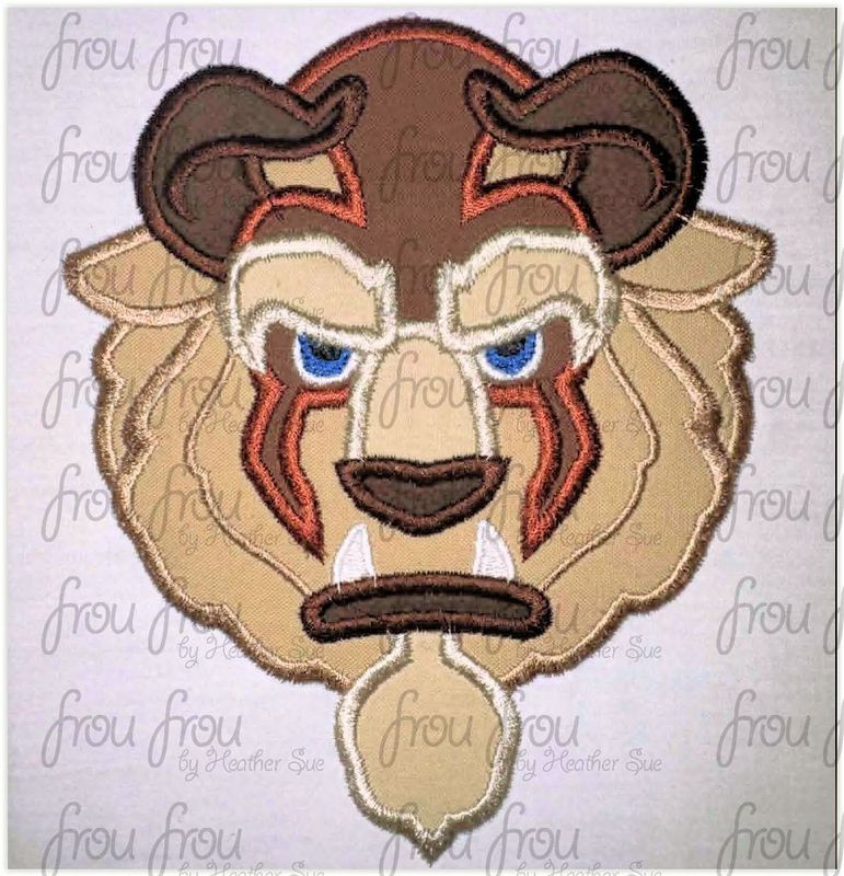 Beast Head Machine Applique and Filled Embroidery Design, Multiple Sizes, including 2"-16"