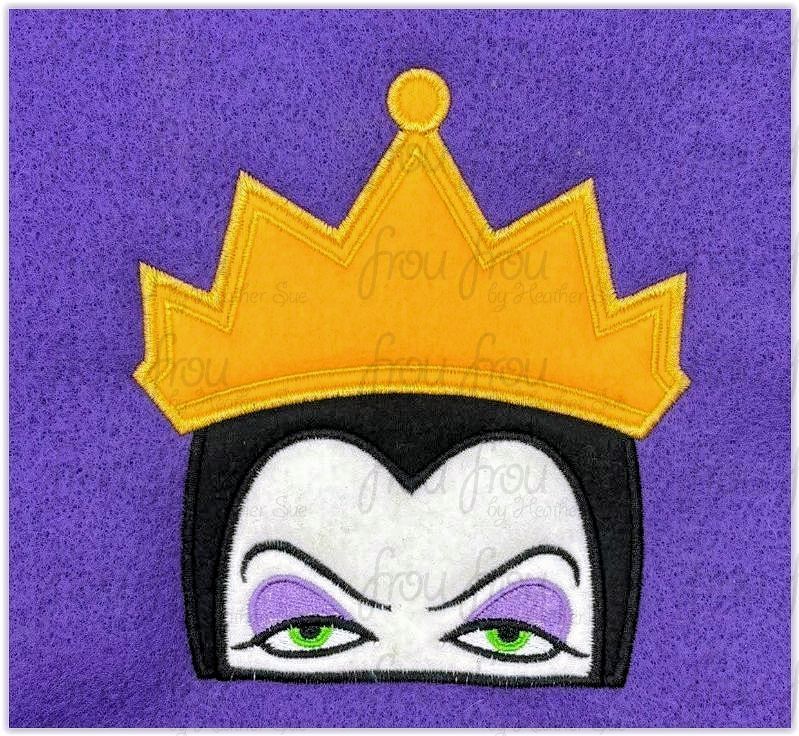 Evil Queen Snowy White Peeker Machine Applique and Filled Embroidery Design, Multiple Sizes, including 2"-16"