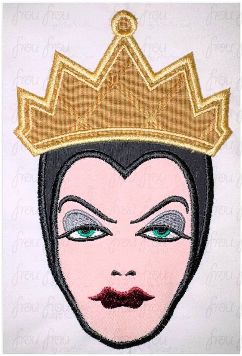 Evil Queen Snowy White Head Machine Applique and Filled Embroidery Design, Multiple Sizes, including 2"-16"