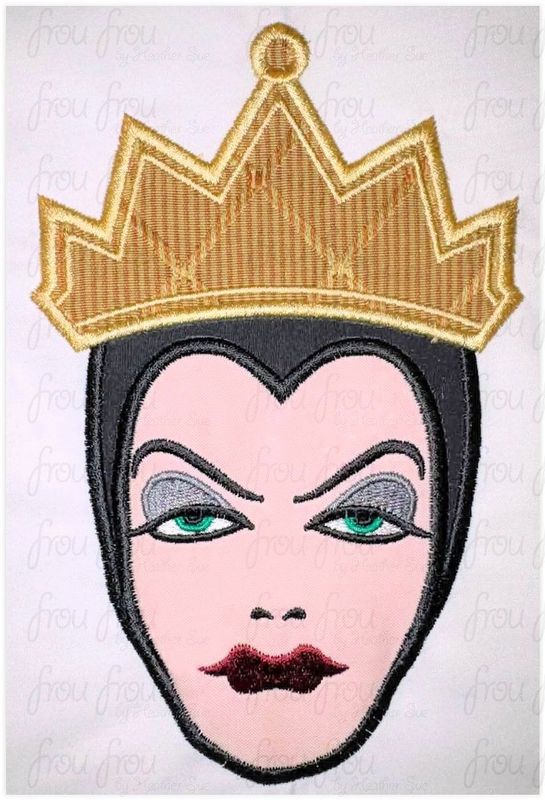 Evil Queen Snowy White Head Machine Applique and Filled Embroidery Design, Multiple Sizes, including 2"-16"
