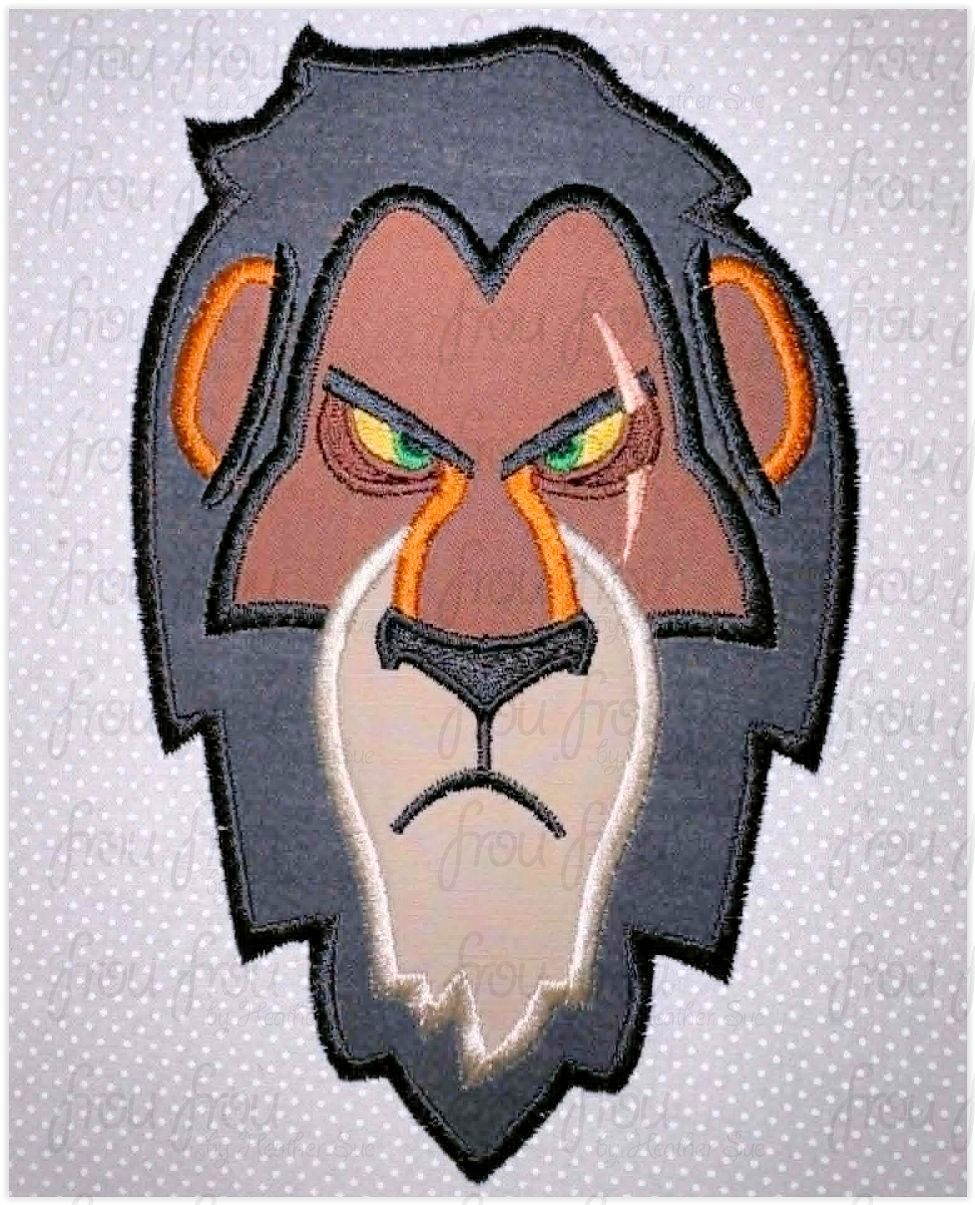 Scarred Lion Head Machine Applique and Filled Embroidery Design, Multiple Sizes, including 2"-16"