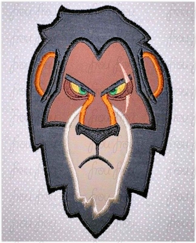 Scarred Lion Head Machine Applique and Filled Embroidery Design, Multiple Sizes, including 2"-16"