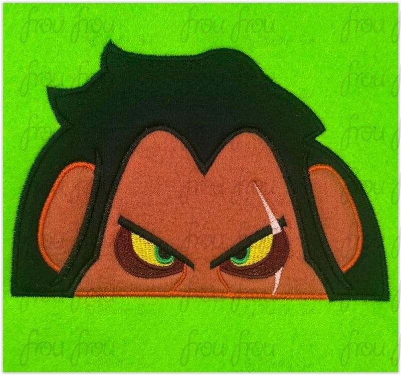Scarred Lion Peeker Machine Applique and Filled Embroidery Design, Multiple Sizes, including 2"-16"