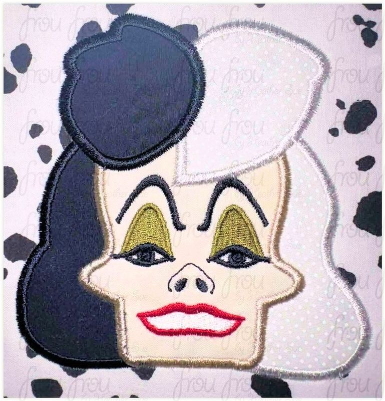 Cruel Lady Head Dalmatians Machine Applique and Filled Embroidery Design, Multiple Sizes, including 2"-16"