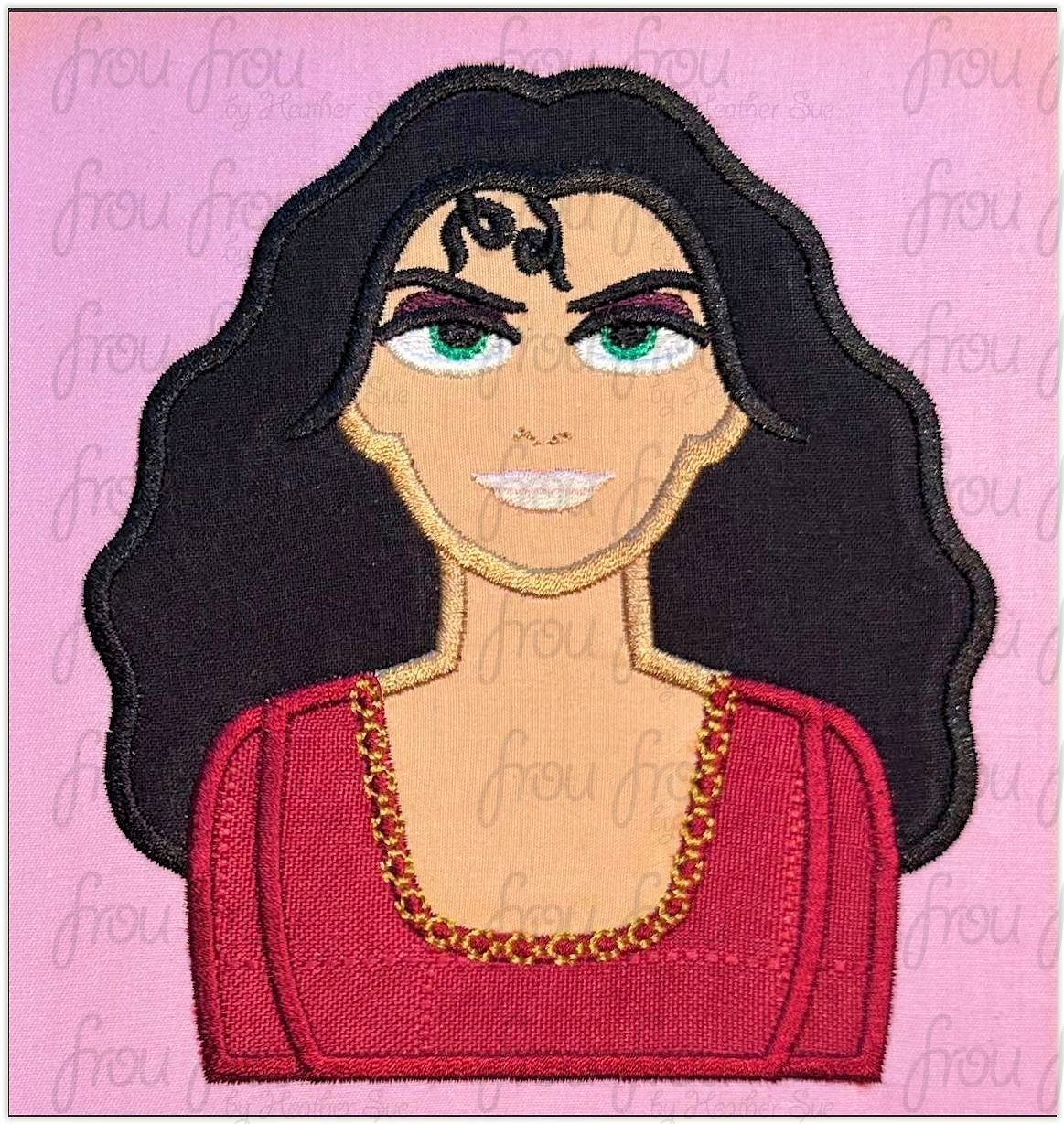 Mother Goth Head and Shoulders Machine Applique and Filled Embroidery Design, Multiple Sizes, including 3"-16"