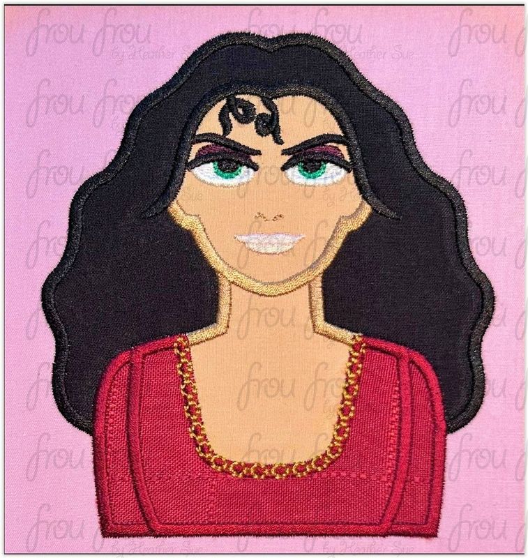 Mother Goth Head and Shoulders Machine Applique and Filled Embroidery Design, Multiple Sizes, including 3"-16"