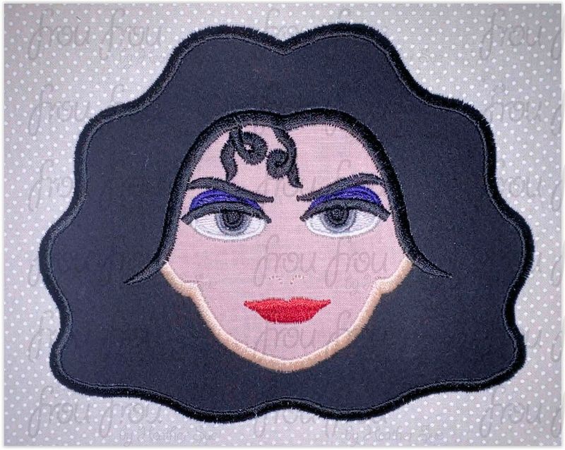 Mother Goth Head Machine Applique and Filled Embroidery Design, Multiple Sizes, including 2"-16"