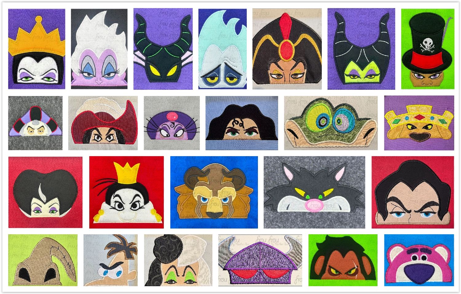 Villain Peeker 24 Design SET Machine Applique and Filled Embroidery Design, Multiple Sizes, including 2"or 3"-16"