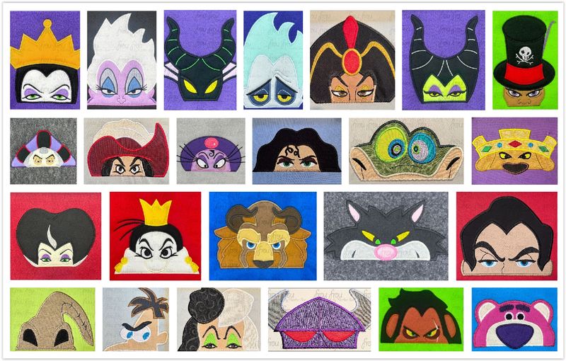 Villain Peeker 24 Design SET Machine Applique and Filled Embroidery Design, Multiple Sizes, including 2"or 3"-16"
