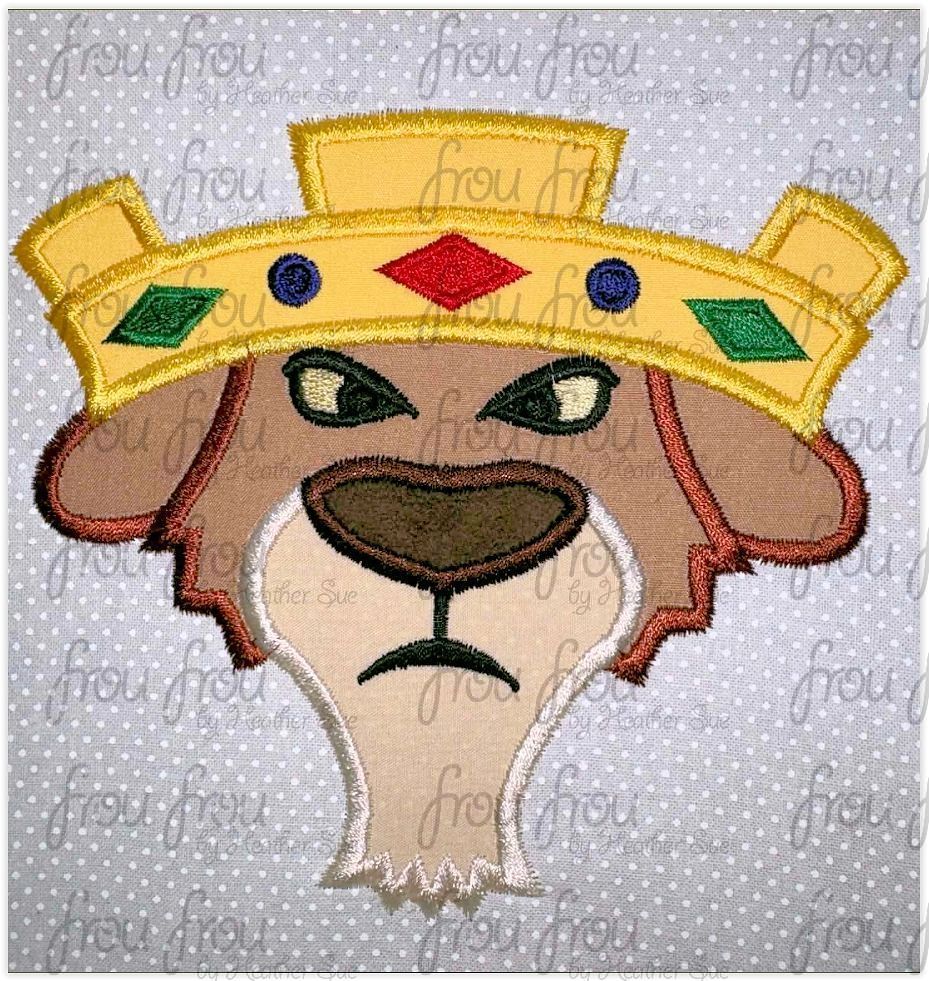 Prince John Lion Head Machine Applique and Filled Embroidery Design, Multiple Sizes, including 2"-16"