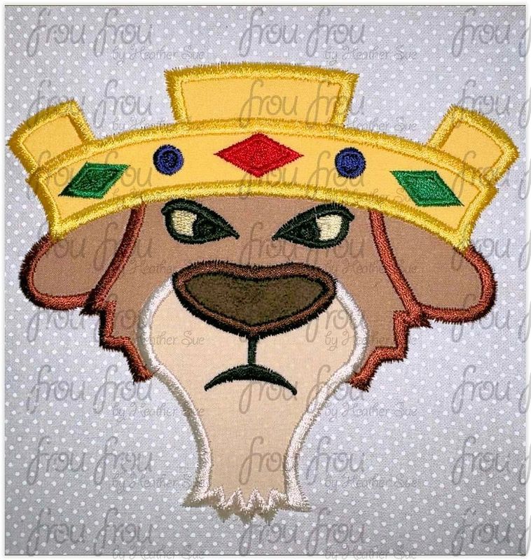 Prince John Lion Head Machine Applique and Filled Embroidery Design, Multiple Sizes, including 2"-16"