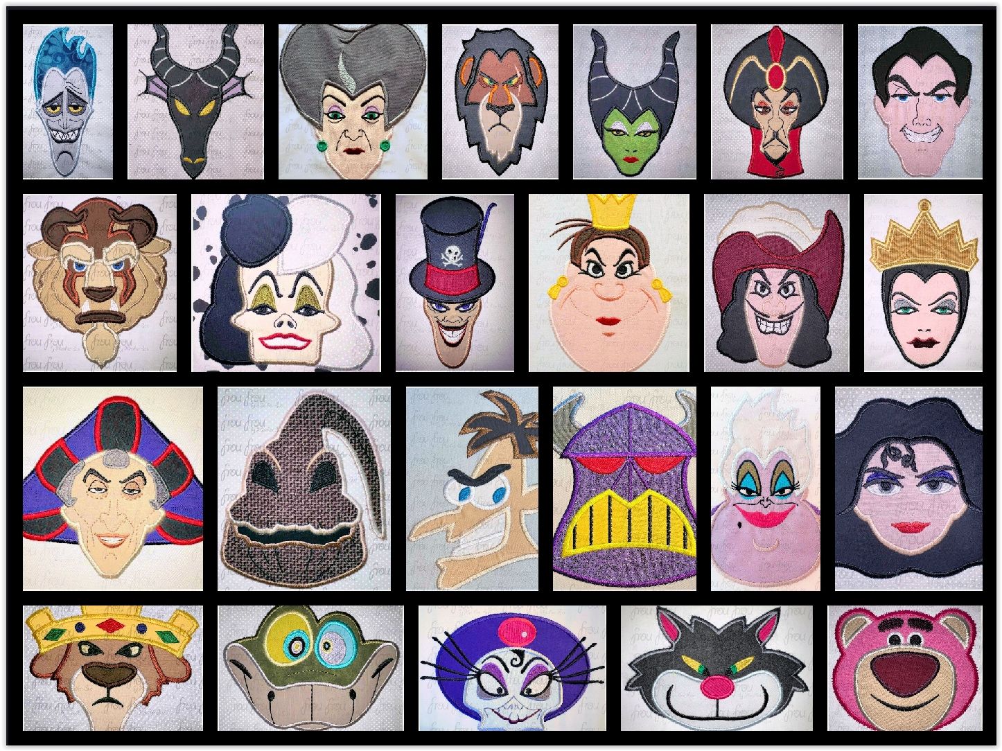 Villain Heads 24 Design SET Machine Applique and Filled Embroidery Design, Multiple Sizes, including 2"or 3"-16"
