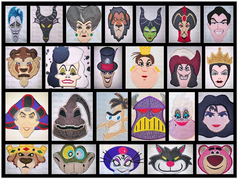 Villain Heads 24 Design SET Machine Applique and Filled Embroidery Design, Multiple Sizes, including 2"or 3"-16"