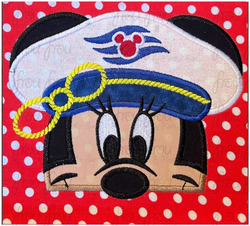 Captain Miss Mouse Peeker Cruise Ship Machine  Applique and Filled Embroidery Design 2"-16"