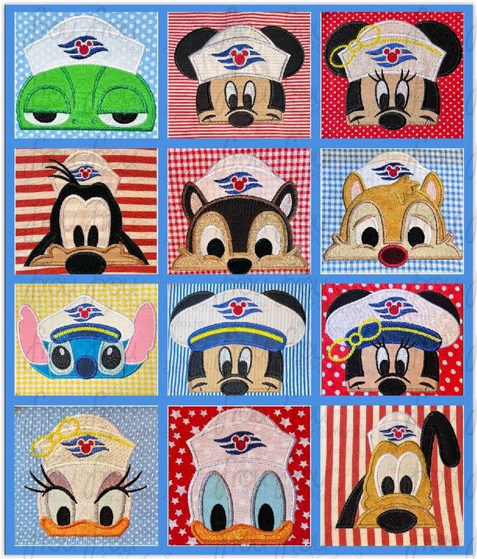 Sailor and Captain Mister Mouse and Friends Peekers TWELVE Design SET Dis Cruise Ship Machine  Applique and Filled Embroidery Design 2"-16"