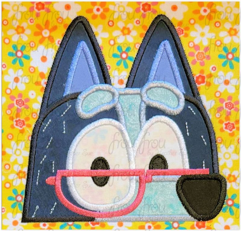 Nanna Blue Dog Grandma Peeker Machine Applique and Filled Embroidery Designs, Multiple sizes including some in 2"-16"