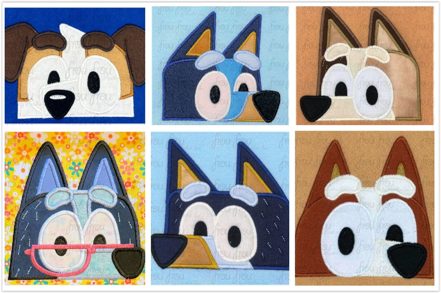 Blue Dog Peekers SIX Design SET Machine Applique and Filled Embroidery Designs, Multiple sizes including some in 2"-16"