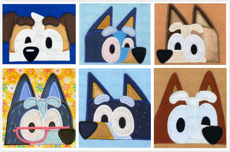 Blue Dog Peekers SIX Design SET Machine Applique and Filled Embroidery Designs, Multiple sizes including some in 2"-16"