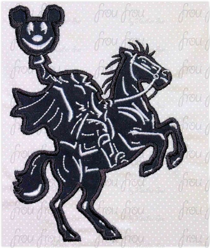 Headless Horseman Holding Mister Mouse head Pumpkin Halloween Machine Applique and filled Embroidery Designs  3"-16"