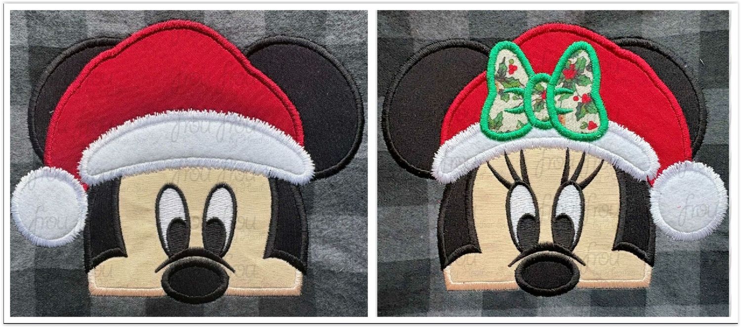 Santa Mister and Miss Mouse Peeker TWO Design SET Christmas Hat Machine Embroidery Applique and Filled Designs Multiple Sizes- including 2"-16"