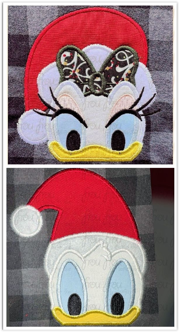 Santa Dasey and Don Duck Peeker TWO Design SET Christmas Hat Machine Embroidery Applique and Filled Designs Multiple Sizes- including 2"-16"