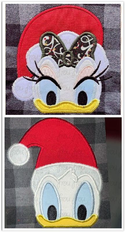 Santa Dasey and Don Duck Peeker TWO Design SET Christmas Hat Machine Embroidery Applique and Filled Designs Multiple Sizes- including 2"-16"
