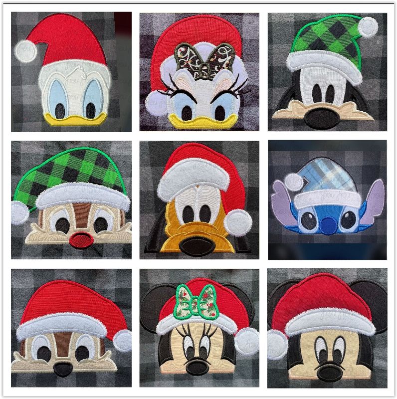 Santa Mister Mouse and Friends Peeker NINE Design SET Christmas Hat Machine Embroidery Applique and Filled Designs Multiple Sizes- including 2"-16"