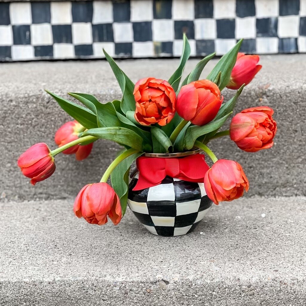 CC Enamel Vase - Red Bow w/ Fresh Flowers