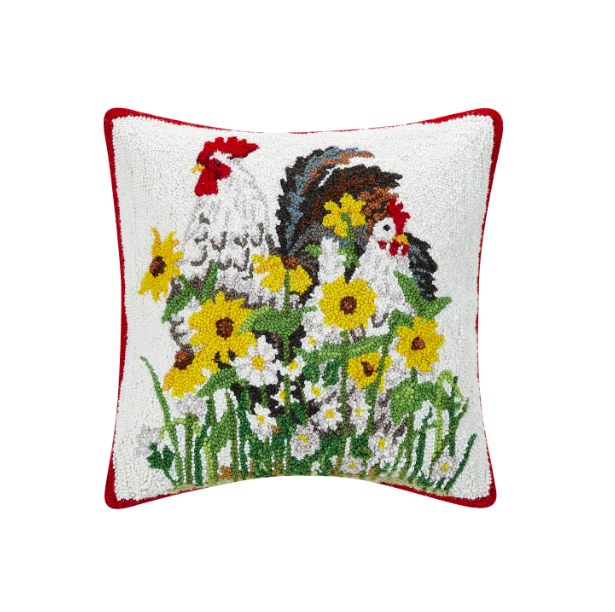 Daisies, Rooster, and Hen Hook Pillow