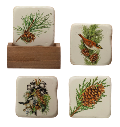Coasters w/ Pinecones & Birds - Set of 5
