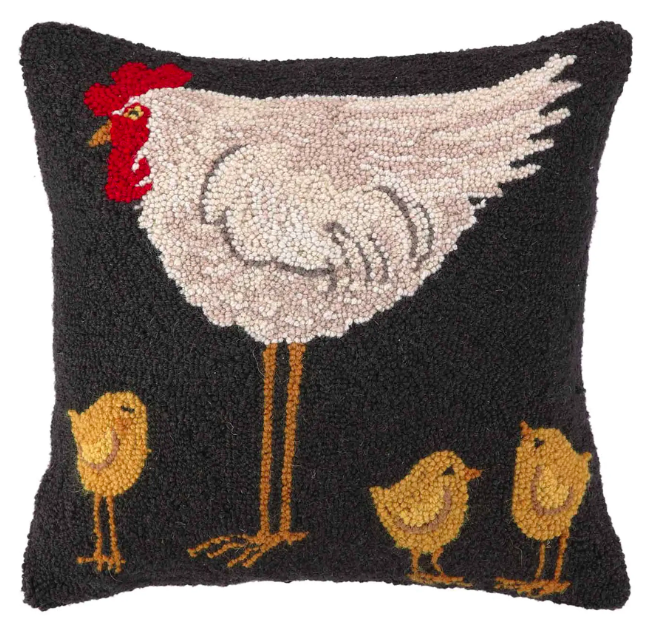 Hen w/ Three Chicks Hook Pillow