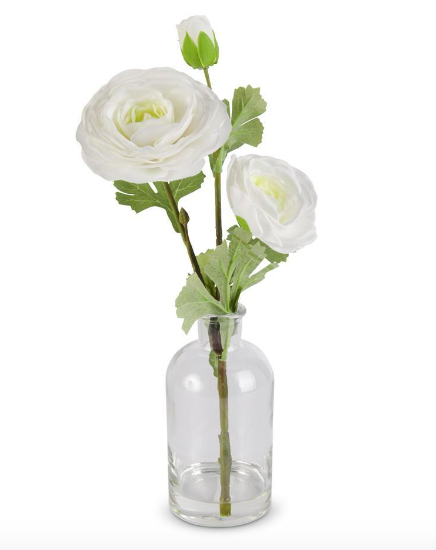 White Real Touch Ranunculus in Glass Bottle - 14"