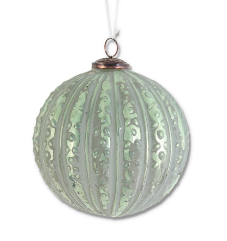 Distressed Green Glass Embossed Ball Ornament