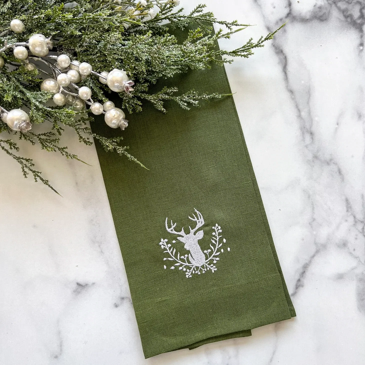Stag w Holly Berries Linen Towel