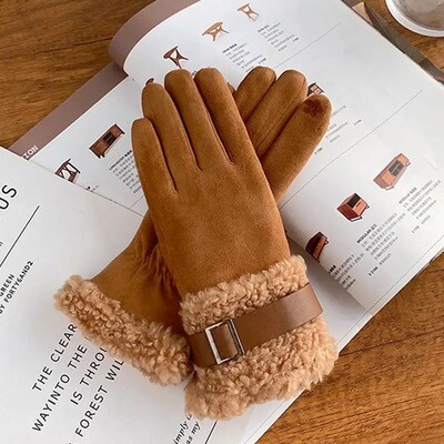 Brown Wool Gloves w Strap Detail