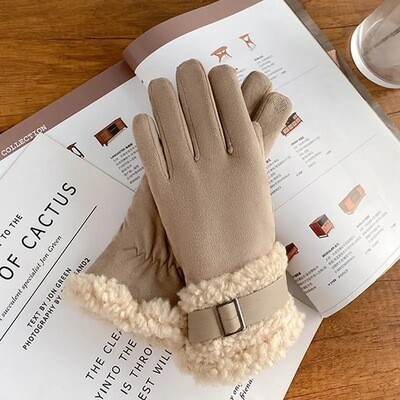 Beige Wool Gloves w Strap Detail