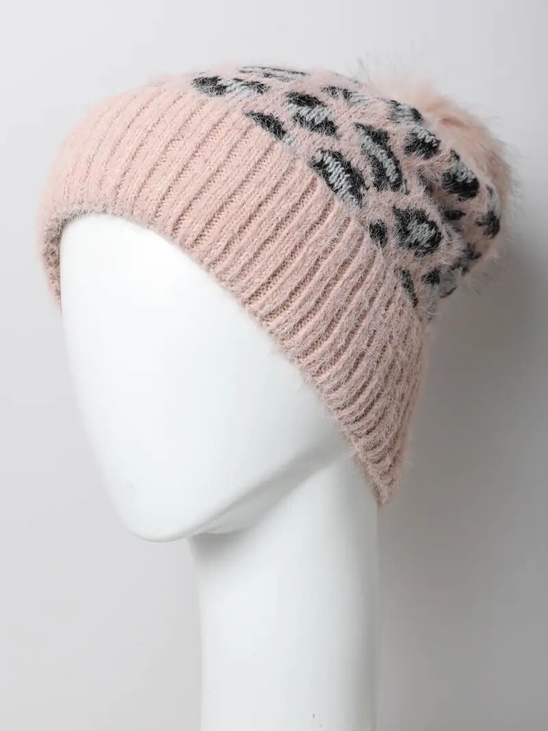 Pink Leopard Knit Beanie