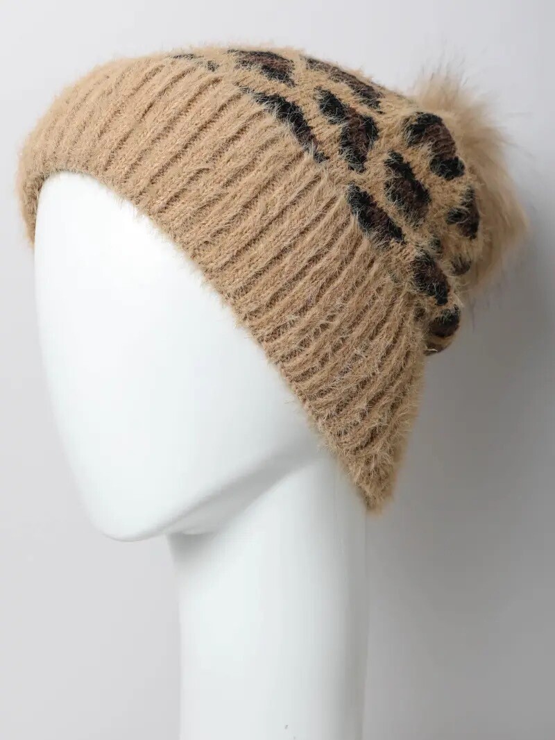 Camel Leopard Knit Beanie