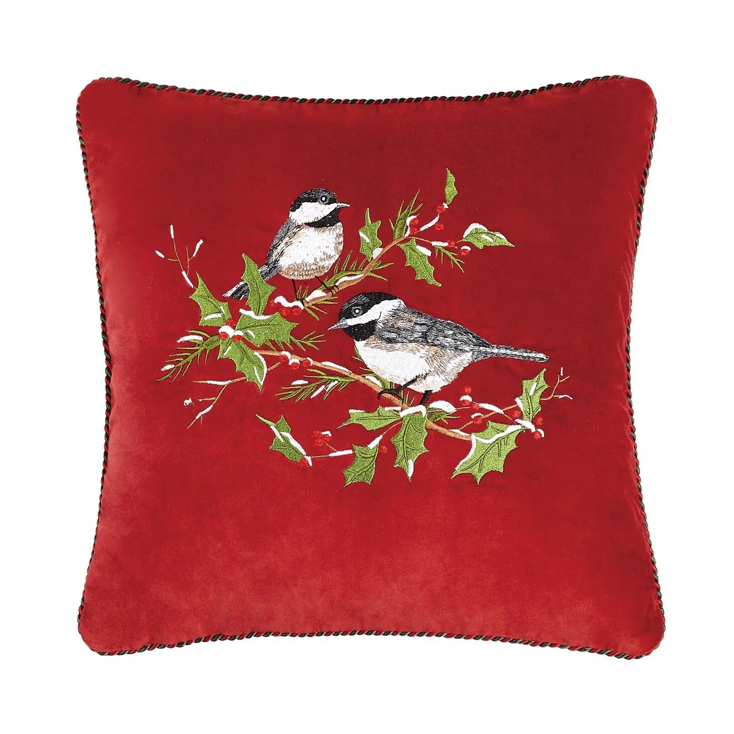 Chickadees w Winterberry Embroidered Velvet Pillow
