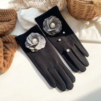 Black w Grey Rose & Pearl Gloves
