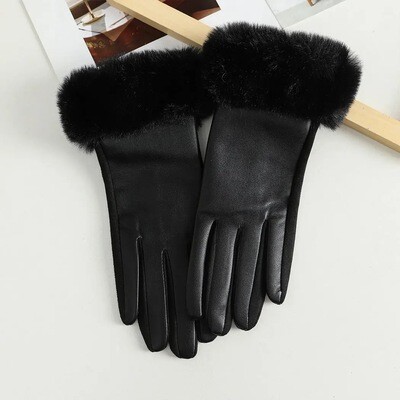 Black Faux Leather Gloves w Faux Fur Cuff