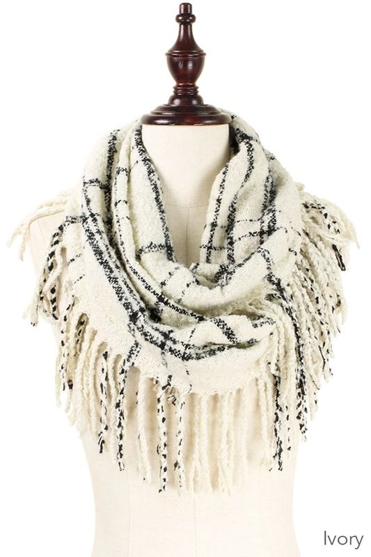 Ivory Plaid Infinity Fringe Scarf 